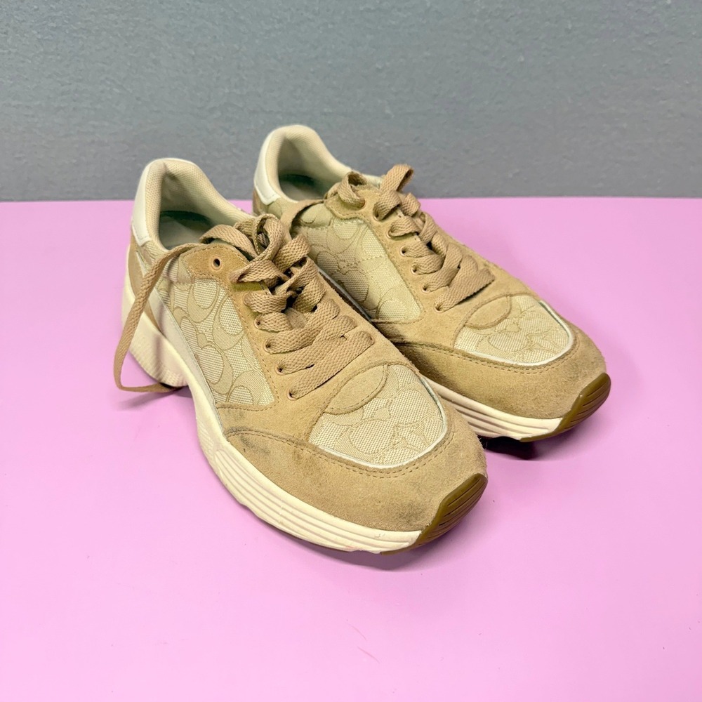 Coach CitySole Runner G5057 Tan Signature Monogram Suede Sneakers Womens 7.5